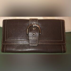 Vintage Coach Mia Brown Leather Credit Card Trifold Long Wallet Zip Buckle